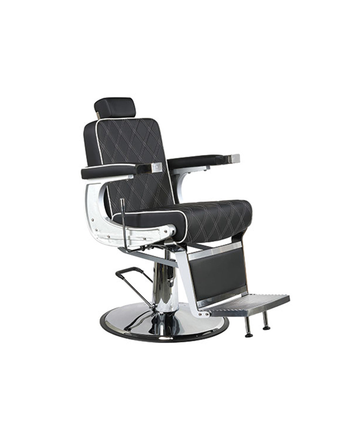 Karl - Sort barberstol med hvit piping og krom rund base