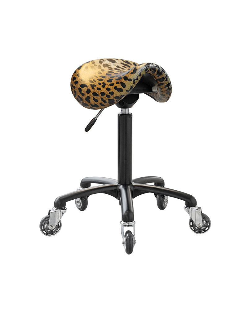 Stella - sort sadelstol med leopardtrekk og rullehjul